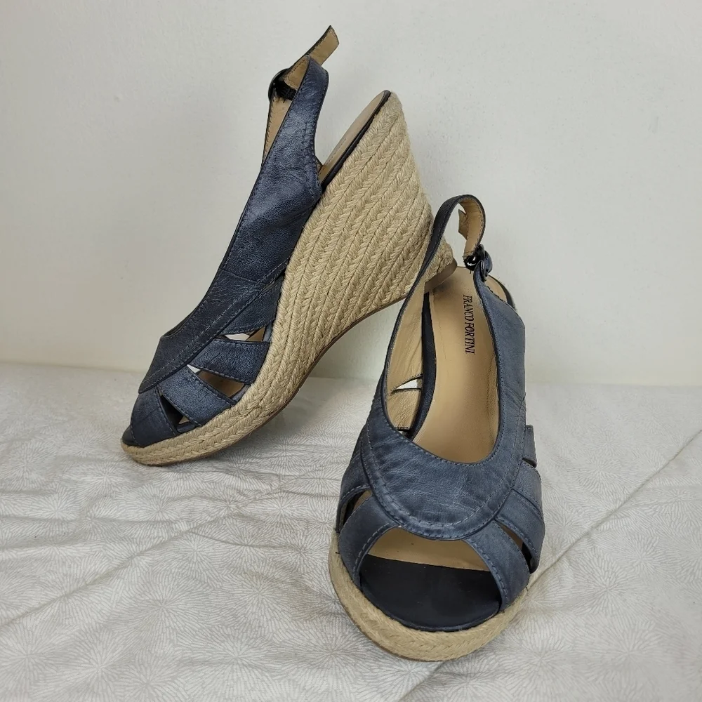 Franco Fortini denim blue leather sandals peep toe woven wedge beach boho chic 9